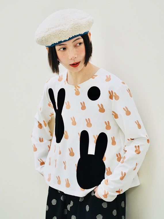 Long-Sleeve Boatneck T-Shirt Women’s Japanese original Top rabbit visual print backing outer versatile white o-neck Trend Japan T-shirts Tops for Woman