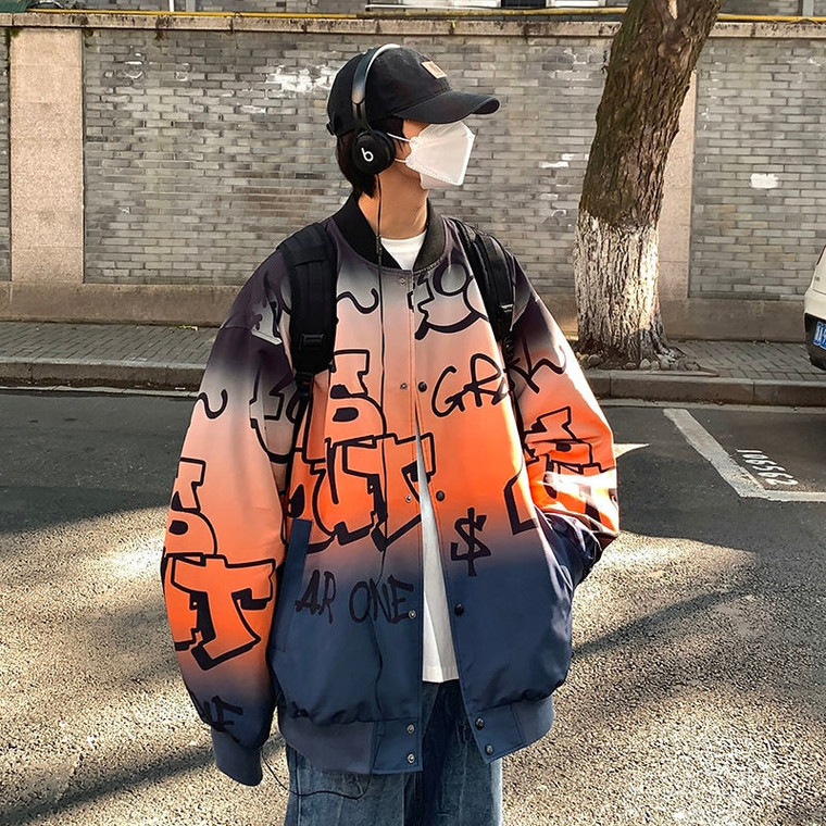 Graffiti Bomber Jacket Gradient Letter Men's Japanese Single Breasted Crewneck O-Neck Large Plus Size Streetwear Harajuku Orange Multicolor Coats Fashion Male Casual Trend Japan Jackets Clothing for Man