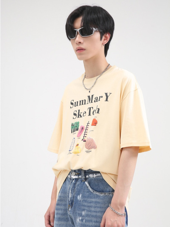 Short Sleeve Print T-Shirt Men’s Summary Sketch Letter Printed Crewneck O-Neck Top Casual Loose Streetwear T-shirts Tops For Man Fashion Clothing Trend in Khaki