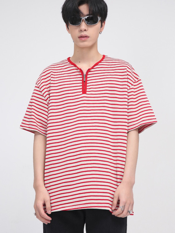 Zip-Up V-Neck T-Shirt  Men’s Korea Top Short Sleeve Front Zipper Loose Stripe Korean Streetwear Fashion Clothing T-Shirts Tops For Man Trend in Red