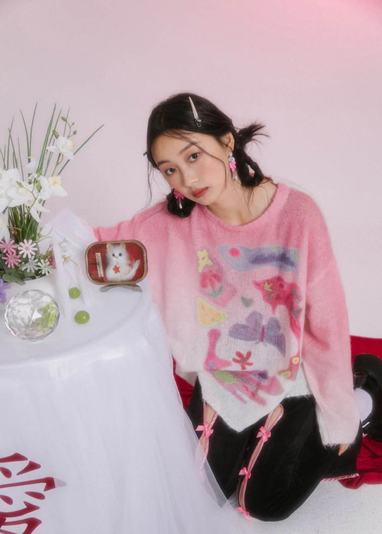 Crewneck Knit Sweater Women’s Japanese Glam Y2K Sweet Pink Girls Butterfly Print Knitted Oversized O-Neck Pullover Japan Sweaters Gradient Women Designer Trendy Kawaii Clothes for Woman