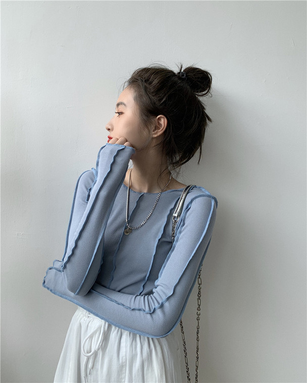 Skintight Boatneck Blouse Sexy Women’s Korea Bottoming Ruffles Tops Soft Knitted Female Shirts Round neck O-Neck Ribbed Korea Blouses Chic for Woman Trend in Blue