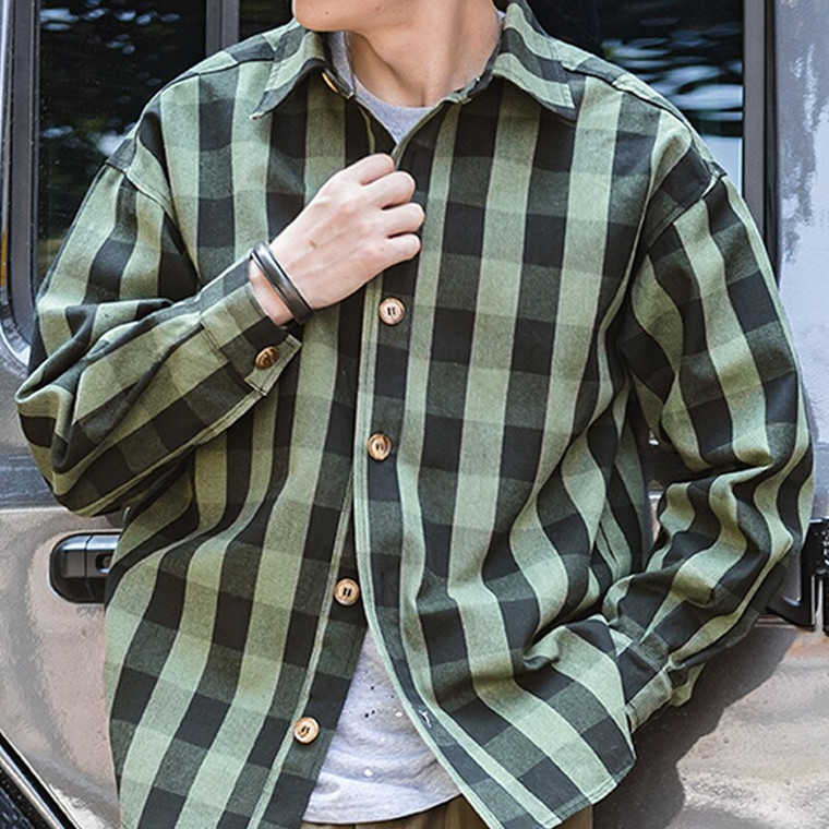 Retro Plaid Shirt Men's Japanese 360G Heavy High Quality Casual Single Breasted Loose Long-sleeved Turn-down Collar Japan Shirts for Man Trend in Green