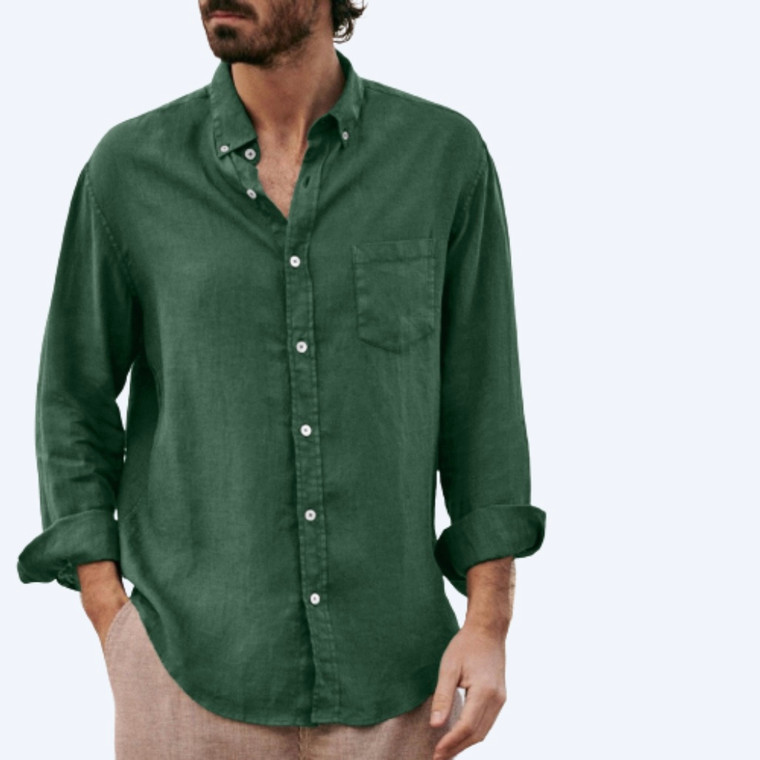 Cotton-Linen Shirt Men’s Casual Solid Long Sleeve With Top Pocket Button Collar 3XL for Man Trend In Green