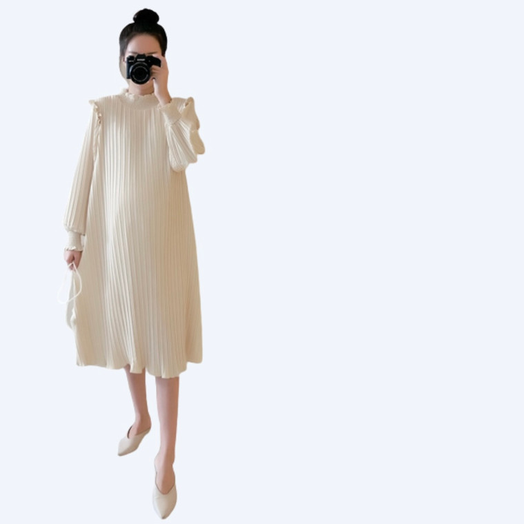 Chiffon Pleat Maternity Dress Women’s Pleated Long Knee Length Pregnancy Casual Loose Maternity Dresses For Pregnant Women Plus Size Clothes Trendy in Beige