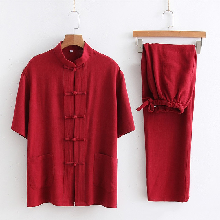 Cotton Tang Suit Men's Chinese Short-Sleeve Cotton And Linen Kung Fu Suit Tai Chi Casual Meditation Clothing Handmade China Suits for Man Trend in Red