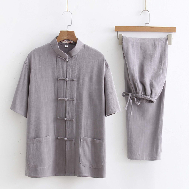 Tang Suit Men's Chinese Short-Sleeve Cotton And Linen Kung Fu Suit Tai Chi Casual Meditation Clothing Handmade China Suits for Man Trend in Gray / Grey