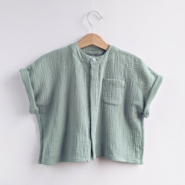 100% Cotton-Muslin T-Shirt  Boys 100% Cotton Muslin Top Children's Casual Loose Fit Short-Sleeve Mandarin O-Neck Collar Pocket Tops T-shirts for Boy Trend in Green