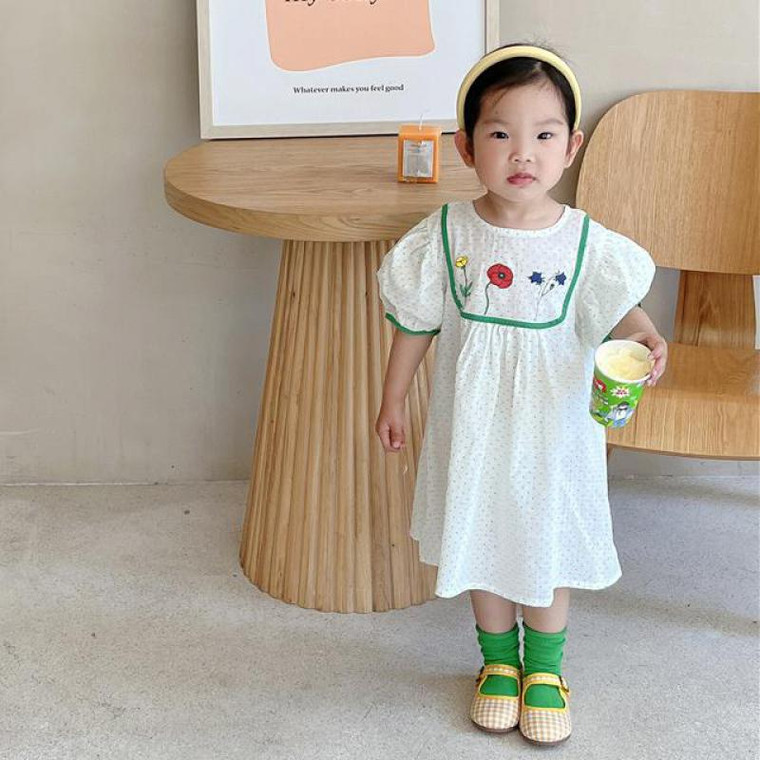 Toddler Floral Embroidery Prinecess Dress  Baby Girl Casual Dot Retro Boatneck O-neck Short Puff Sleeve Straight Soft Breathable White Cotton Trend Princess Dresses