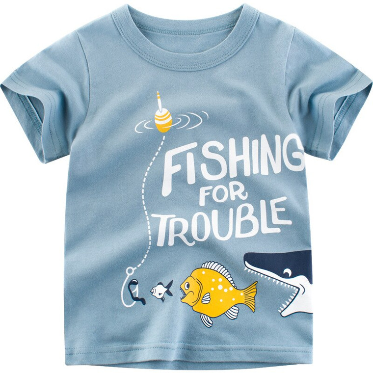 Kids Cartoon Short-Sleeve T-Shirt Clothes Boys girls Short Sleeve O-Neck Tops Baby Cartoon fish Tees children Kid Cotton FISHING FOR TROUBLE Letter Print Blue T Shirt Trend Outfit Boy Girl T-shirts