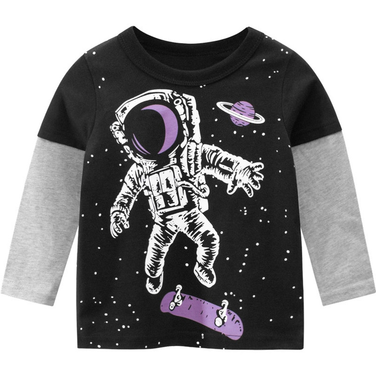 Toddler Cotton-Linen Long Sleeve T-Shirt Children Baby Boys Girls boy girl Cute Tops Cartoon Astronauts Tee For 2-9Years Trend T-Shirts  Toddlers Babies Clothes in Black