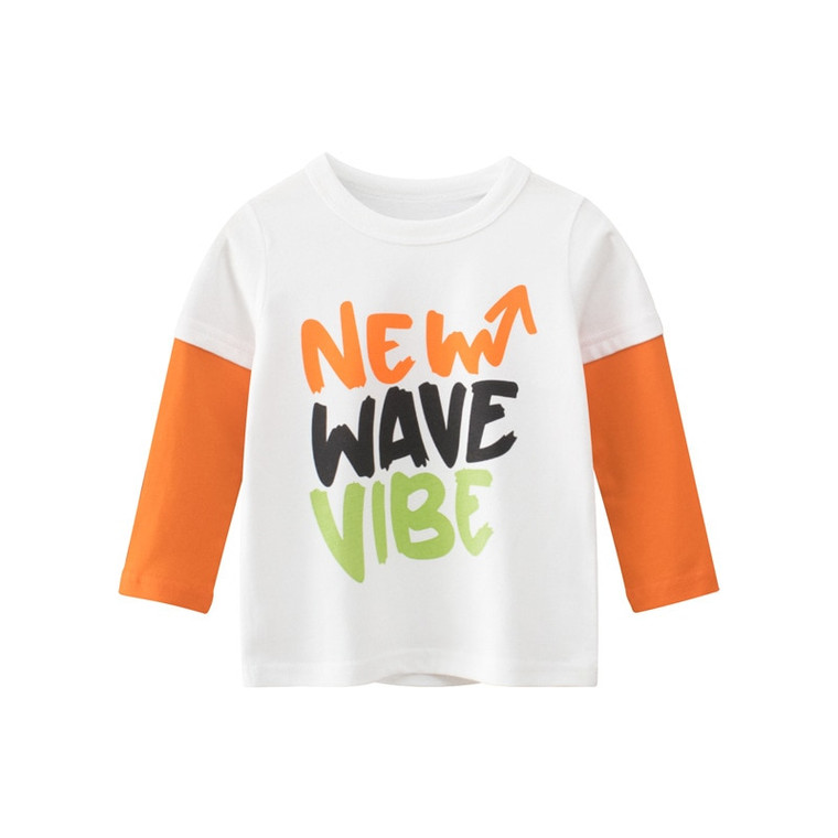 Toddler Long-Sleeve Crewneck Statement T-Shirt Kid 2-8T Baby Boys Top Infant Tee Shirt NEW WAVE VIBE Letter Print Cotton O-Neck Childrens Patch Long Sleeve T-Shirts Toddlers Boys Outfits Trend in White Orange