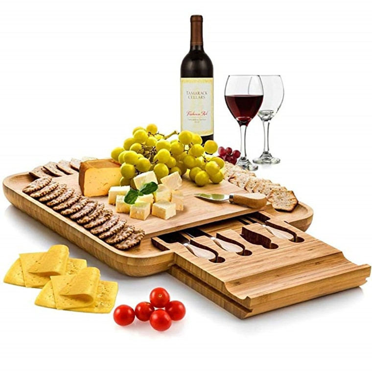 Wooden Bamboo Cheese Cake Board Set Trend with Cutlery Wood Charcuterie Platter Serving Meat Board with Slide-Out Drawer with 4 knife