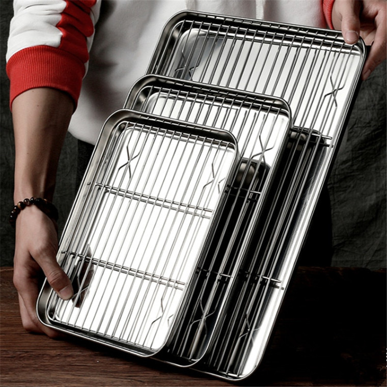 304 Stainless Steel Baking Tray plate Barbecue BBQ trays with Removable Cooling Rack Set Baking Pan sheet Non Toxic oven Dishwasher Safe