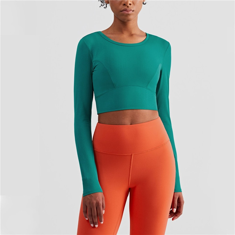 Long Sleeve Embossed Boatneck Sport Top Yoga Shirt Female Print Run Gym Clothe Breathable Short Round Neckline Emboss Stripes Women’s Lulu Fitness Sports Tops for Woman Trend in Turquoise Green