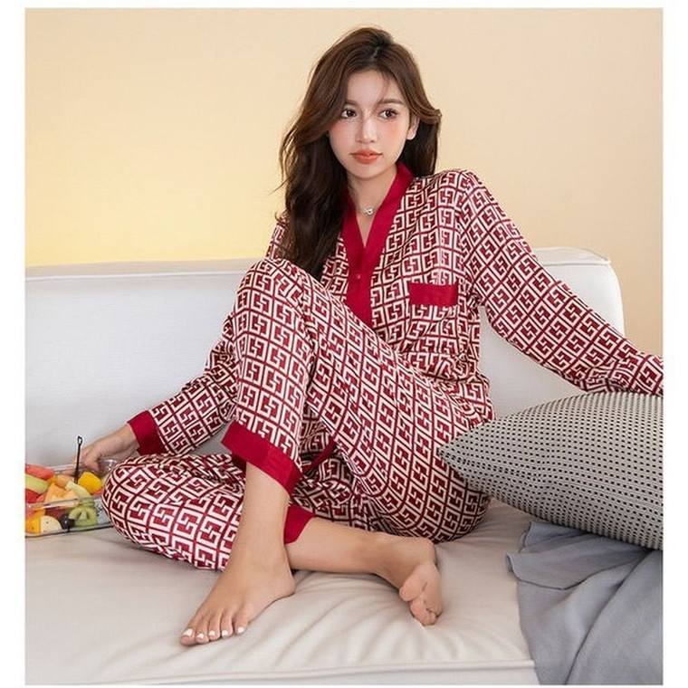 Geo PJ Set Women's Pajamas Sets V Neck Geometric Design Luxury Red Cross Letter Print Sleepwear Silk Like Home Clothes XXL Large Size Nightwear V-Neck Sleepwear Trendy for Woman