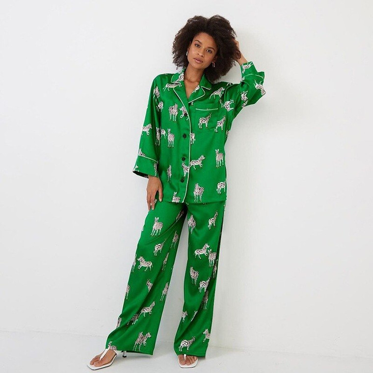 Ankle-Length PJ Set Women’s Zebra Print Home Pajamas Sets Suit For Women Pajama Satin Long Sleeve Pattern Set Woman 2 Pieces Pocket Chic Green Sleepwear Trend for Woman