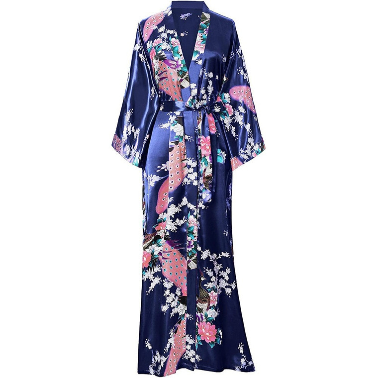 Long Kimono Robe Women’s Big Plus Size Bathrobe Gown Nightgown Loungewear Novelty Print Nightwear Silky Satin Home Clothes Sleepwear for Woman in Navy Blue