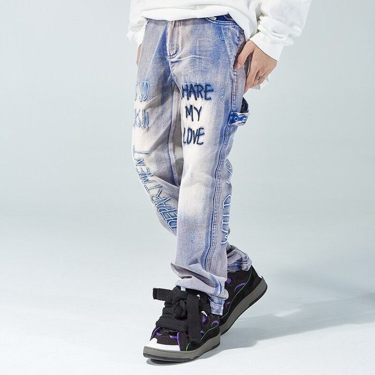 Distressed Wash Embroidery Flare Jeans Men Mid Rise Waist Urban Streetwear Mens Splash Ink Dyeing Wide Leg Jeans Slim Fit Denim Pants Hip Hop Man Trend In Blue