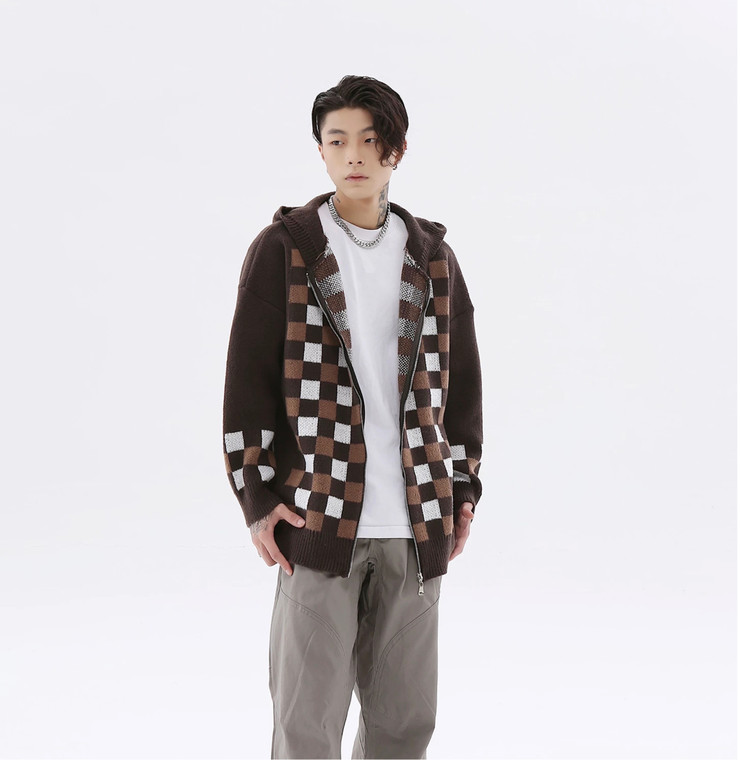 Hood Oversized Cardigan-Sweater Men’s Plaid Hooded Harajuku Streetwear Mens Oversize Checkered Patchwork Cardigans Sweaters Outwear for Man Trend in Auburn Brown