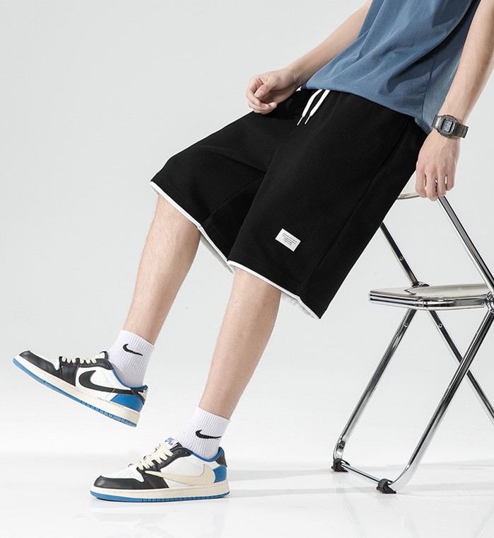 Mid-Rise Cotton Drawstring Shorts Men’s Casual Solid Color Waffle Cotton Drawstring Elastic Waist Mid Rise Waist Sport Running Male Loose Sports Five Pants Sportswear for Man Trend in Black