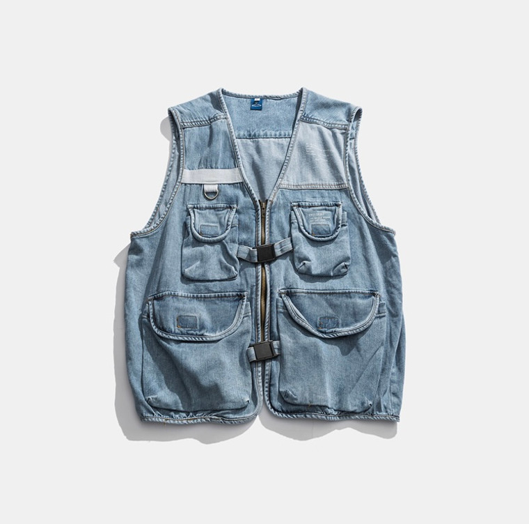 Cargo Denim Vest Men's Vintage Function Military Pockets Jean Jacket Sleeveless Jackets Hip Hop Streetwear Vests Trend for Man in Blue