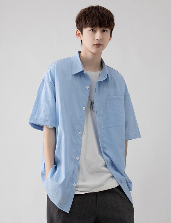 Linen Short Sleeve Shirt Men’s Thin Ice Silk Solid Color Casual Short Sleeved Shirt Youth Men Clothes Trend Tops for Man Trend in Sky Blue