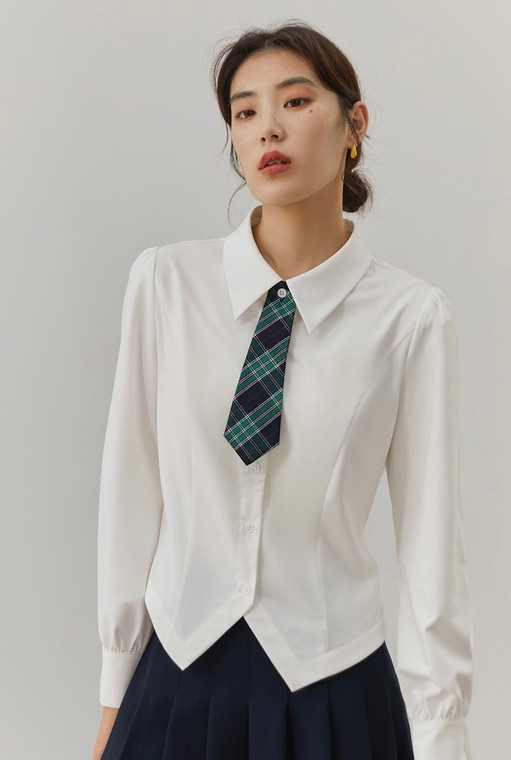 Preppy Shirt with Tie College Style Women’s Detachable Bottle Green Plaid Tie Vintage Casual Chic Sense Female Short White Shirts Trend for Woman