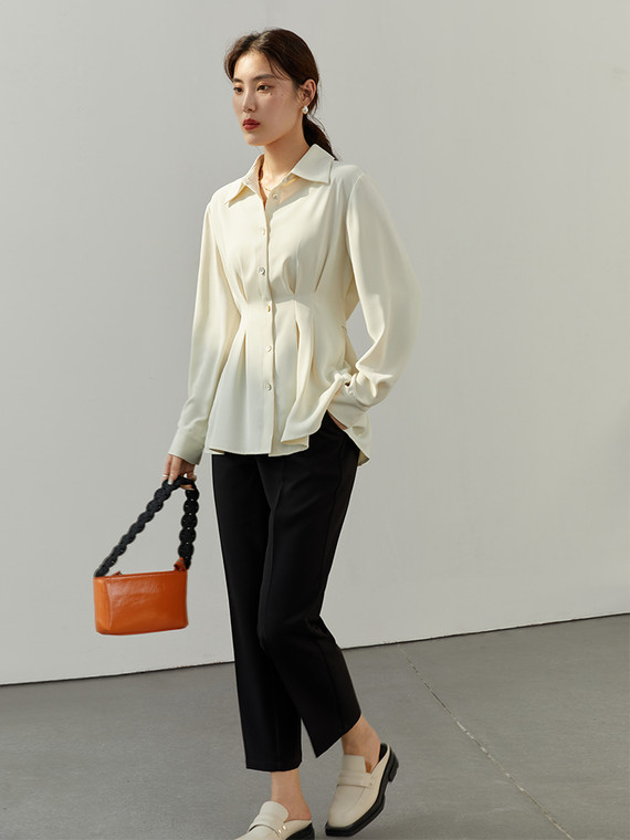 Sense Pleated Waist Shirt Women’s Elegant Design Adjustable Belt Commuter Office Lady Female Professional Beige Blouses Shirts Trend for Woman