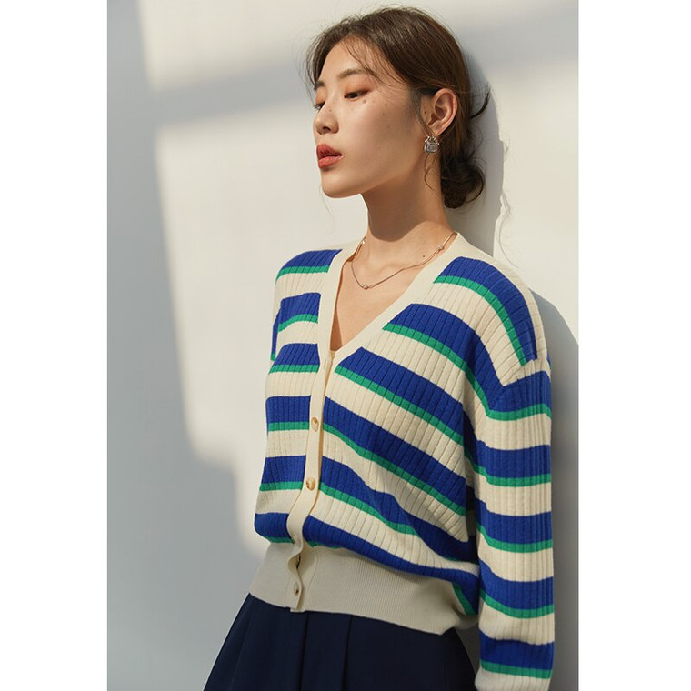 V-Neck Knit Cardigan Sweater Women’s Stripe Knitted Wear Casual Lazy Striped Tops Vintage Casual Female Striped Cardigans for Woman Trendy in Blue