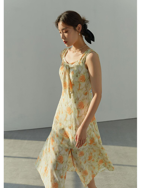 Floral Suspender Dress Women’s Bohemia Scoopneck Square Neck Yellow Dyeing Printing Office Tea Break Elegant Sleeveless Vintage Boho Slim Thin Female Dresses Bohemian Trendy for Woman