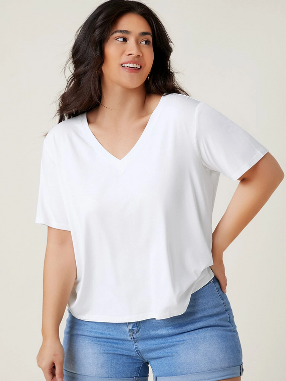 Classic V-Neck T-Shirt Women’s Plus Size Short Sleeve Casual Top Women Drop Shoulder Loose Oversize Solid White Basic T-Shirts Tee Tops Trend For Woman Large Size 6XL