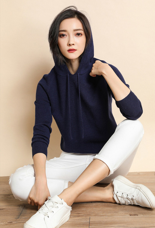 Knitted Hooded Drawstring Sweater Women’s Classic Sports Knit Pullover Hoodies Casual Knitwear Sports Activewear for Woman in Navy Blue