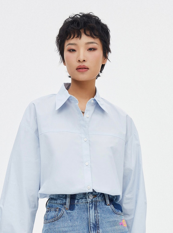 Button Lapel Cotton Shirt Women’s Leisure Blouse Lady Loose Long Sleeve Oversized Shirts Woman Blouses for Woman in Light Sky Blue