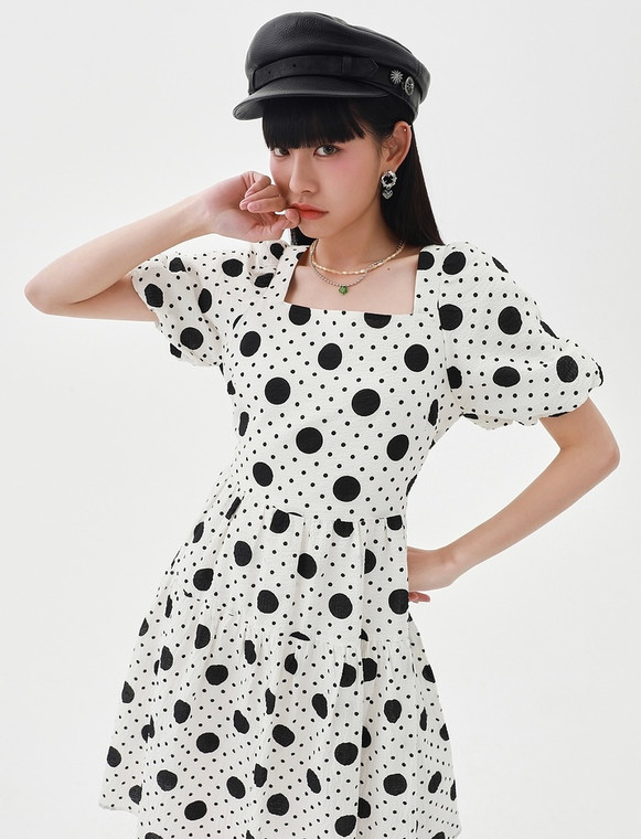 Squareneck Polka Dot Midi Dress