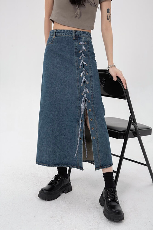 Classic Lace-Up High-Rise Denim Skirt  Women’s Vintage Dusk Blue American Y2k Style Casual High Rise Waist Bandage Ladies Mid Length America Jeans Skirts for Woman Detail