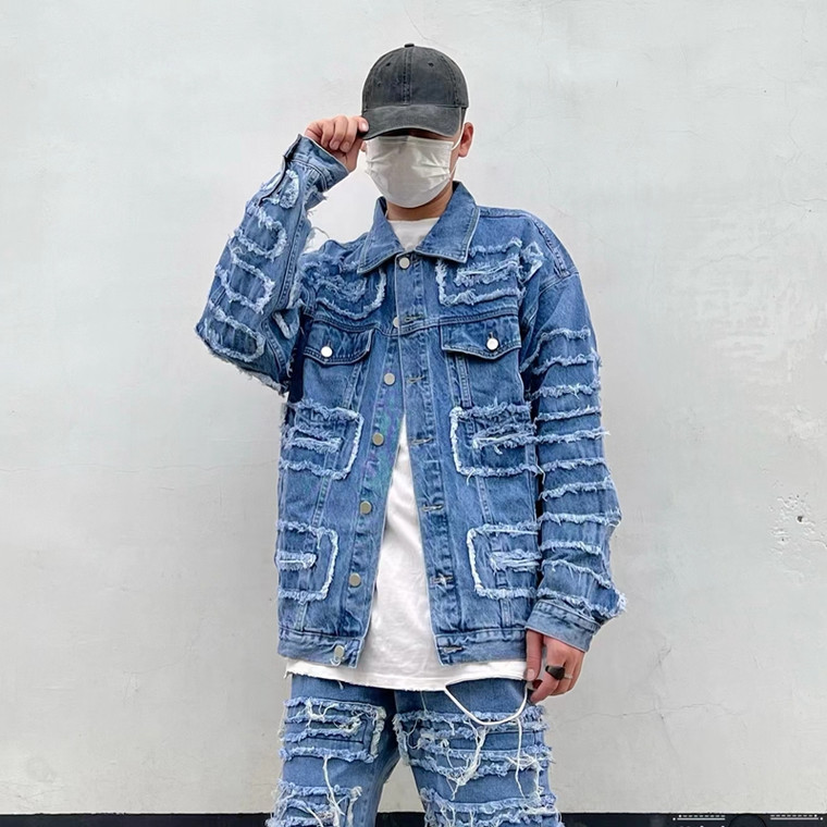 Destroyed Ripped Denim Jacket Men’s Blue Oversize Men Biker Jackets Coats Washed Destruction Raw Edges Outwear Streetwear Trend for Man
