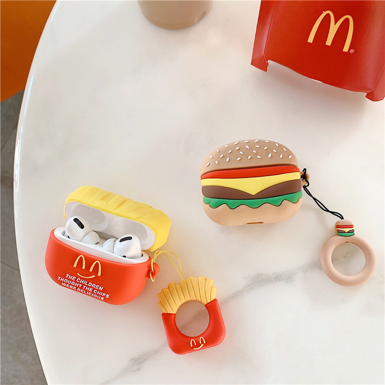 McDonalds AirPods 1 2 Pro Case Cover    Cheeseburger French Fries Hamburger Potato Chips Kids Childrens Menu Cartoon Accessories Silicone Earphone Protective Soft Silicone Cases Covers for Apple