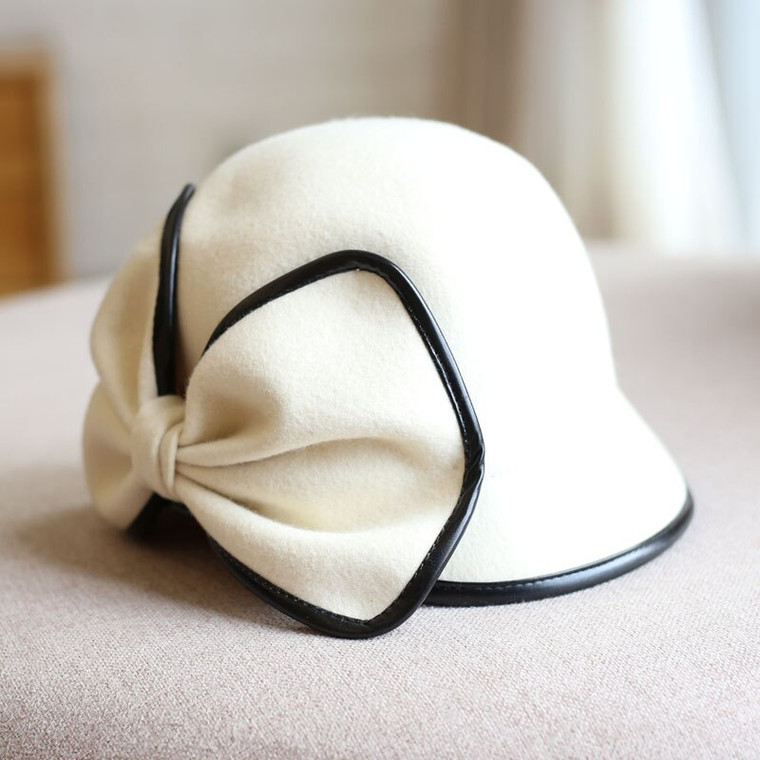 Woolen Hat with Bow Women's Decorated Retro Hepburn Style Elegant All Match Wool Bucket Basin Hats 1920s Nineteen Tweenties Thirties 1930s fashion look for woman in White