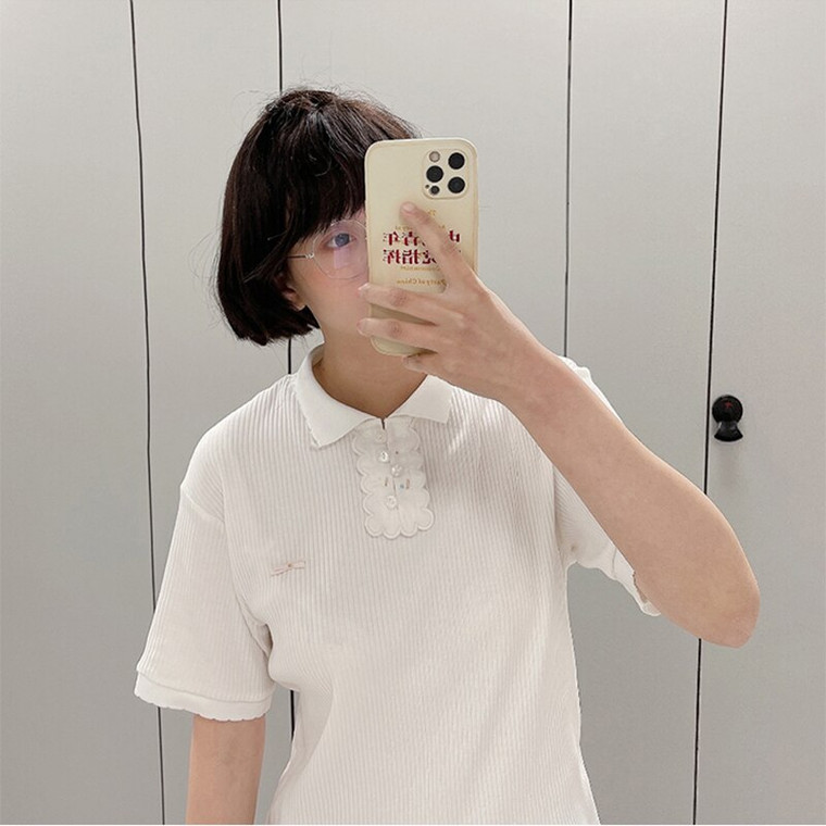 Lace Embroidered Polo Shirt  Women's Short Sleeve Ribbed Off-White Lapel T-Shirt Summer Cotton Shirts Tops Trendy for Woman