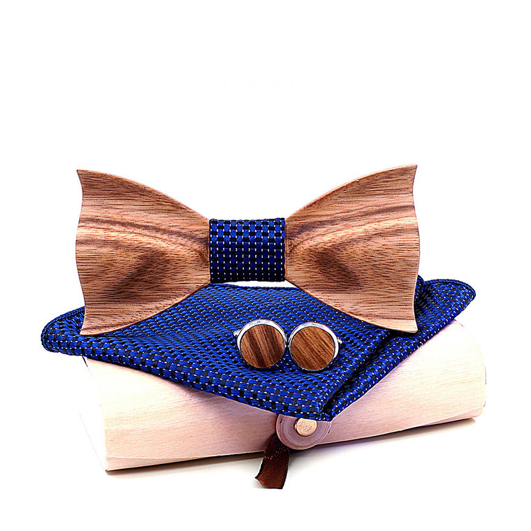 Handmade Wooden Bow Tie Set  Mens Solid Wood Zebra European and American Style Cufflinks Set Creative Gift Packing for Man in Royal Blue Black Plaid