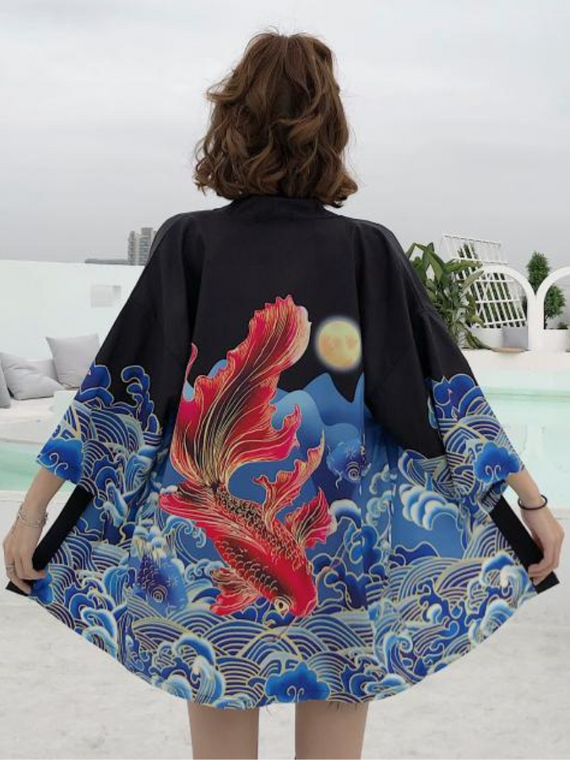 Graphic Haori Kimono Cloak  Women’s Japanese Waves Carp Dragon Fish print Cardigan Kimono Female Loose Thin Three Quarter Sleeve Outer Garment Fashion Spring Summer Jacket Coat Japan Outerwear Kimonos Cardigans Jackets for Woman Trending in Black