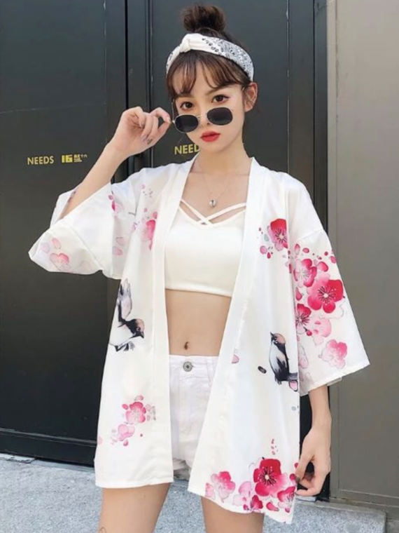 Geisha Girl Kimono Cardigan  Women’s Japanese Kimonos Yukata Thin Loose Fashion Summer Coat Cardigans Japan Outerwear for Woman Trending in White