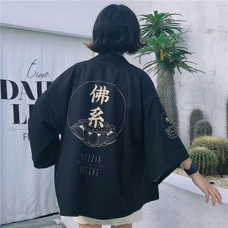 Haori Kimono Cardigan   Unisex Anywear Couples Mens Women’s Chinese Japanese Summer Black Yukata Couple Coat Student Loose Thin Outer Garment Outerwear Cardigans Japan China Kimonos Trendy for Man Woman