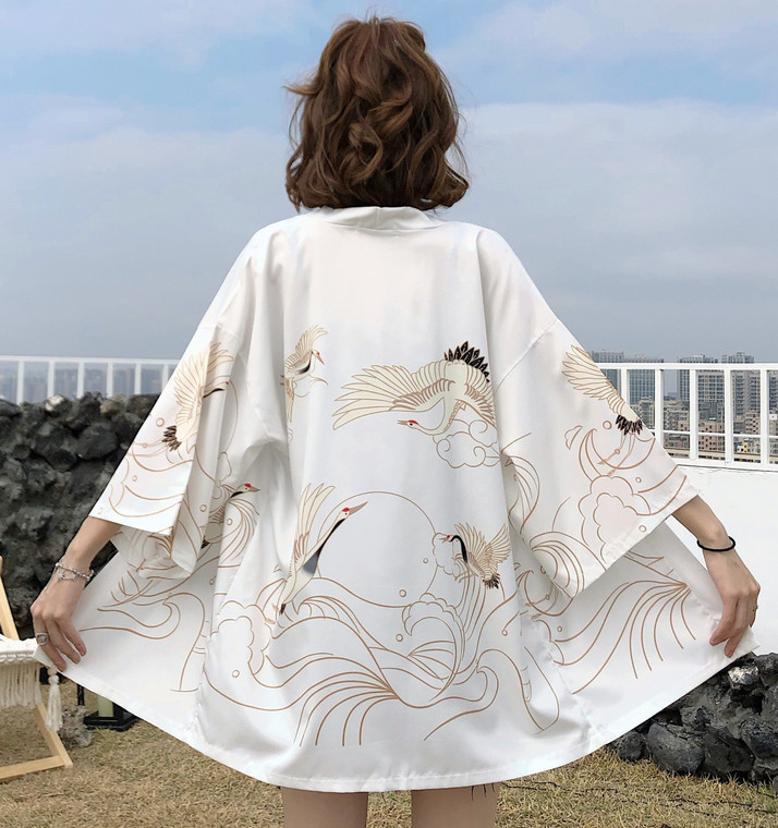 Sun-Proof Yukata Kimono Cardigan  Women’s Thin Jacket Coat Japanese Summer Kimonos Chiffon Cardigans Loose See-Through Crane Birds print Outer Garment Jackets Japan Outerwear for Woman in White