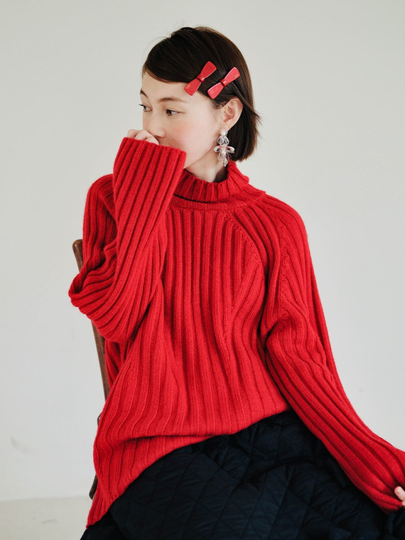 Turtleneck Ribbed Sweater Women’s Japanese Original Red Warm Long Sleeve Round Neck Pullover Stand Collar Loose fit Autumn Winter Knitted Top Japan Sweaters Wear Trendy for Woman