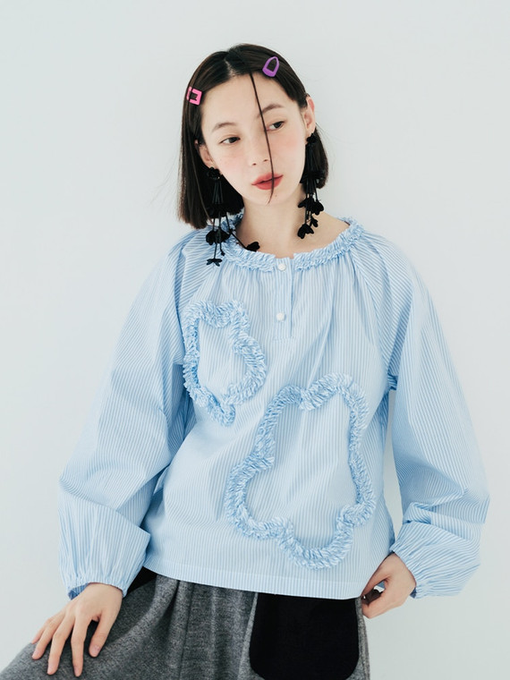 Boatneck Ruffled Top  Women’s Japanese Original Design Crewneck Light Blue Stripe Long Sleeve Shirt Round Neck Pullover Blouse Flower Splice Cotton Versatile Japan Tops Striped Blouses Trendy for Woman  Wear