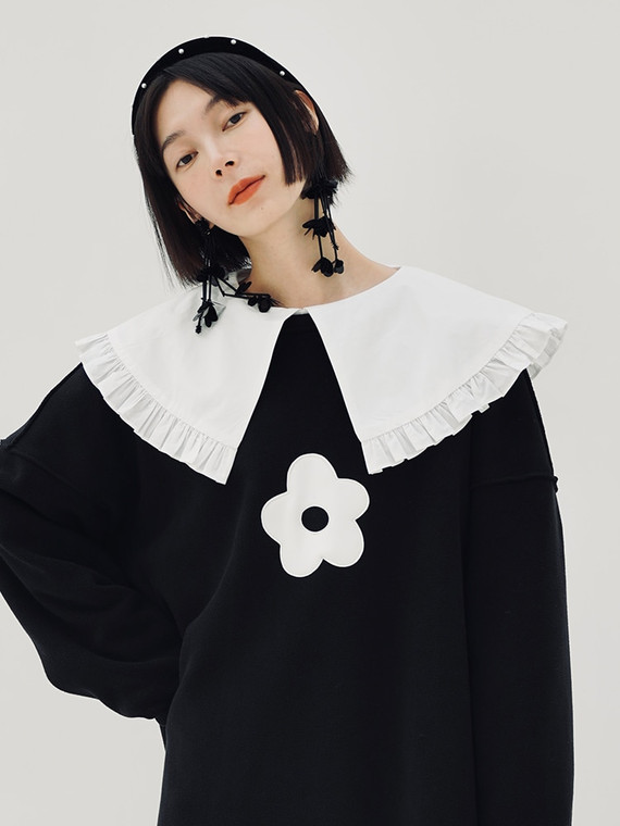 A-Line Boatneck Sweater Dress  Women’s Japanese autumn and winter women's original round o-neck small flower double-sided black fleece Japan sweaters dresses Trendy for Woman