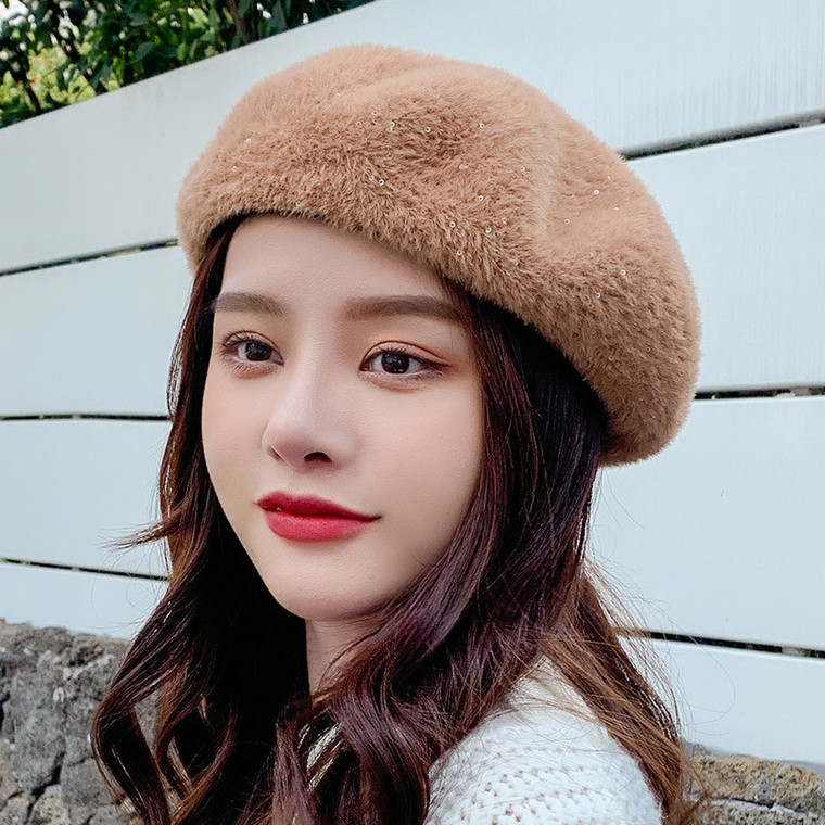 Sequin Beret Hat    Women’s Japan Autumn Winter Spring Hair Sequins Pure Color Newsboy Caps Brimless Painter Adjustable Rope Korea Japanese Headwear Trendy for Woman in Khaki