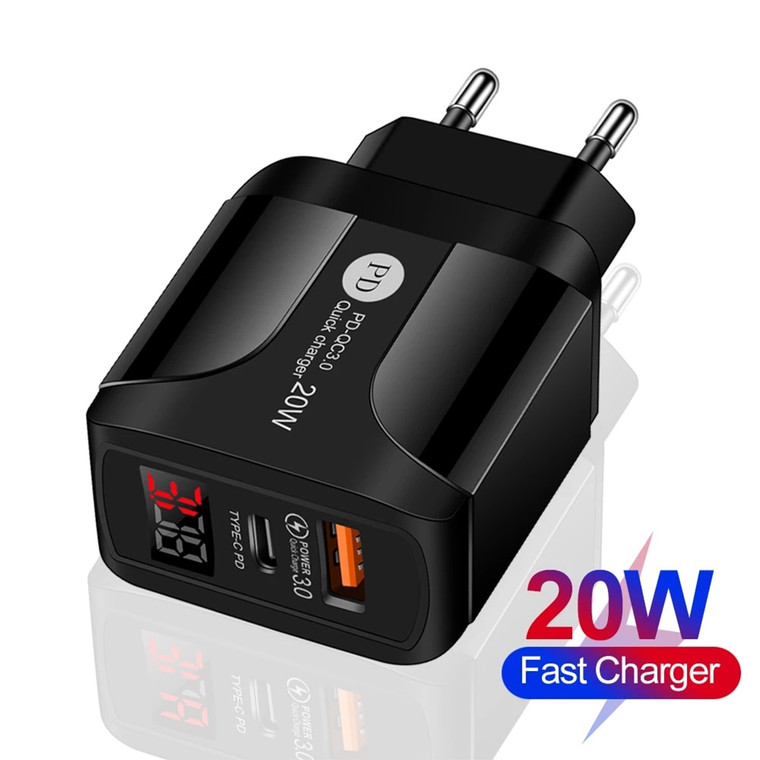 Dual Port USB Type C PD Charger 20W    QC3.0 Fast Chargers For iPhone 12 11 Plus Samsung Xiaomi Huawei Phone Power Adapter in Black